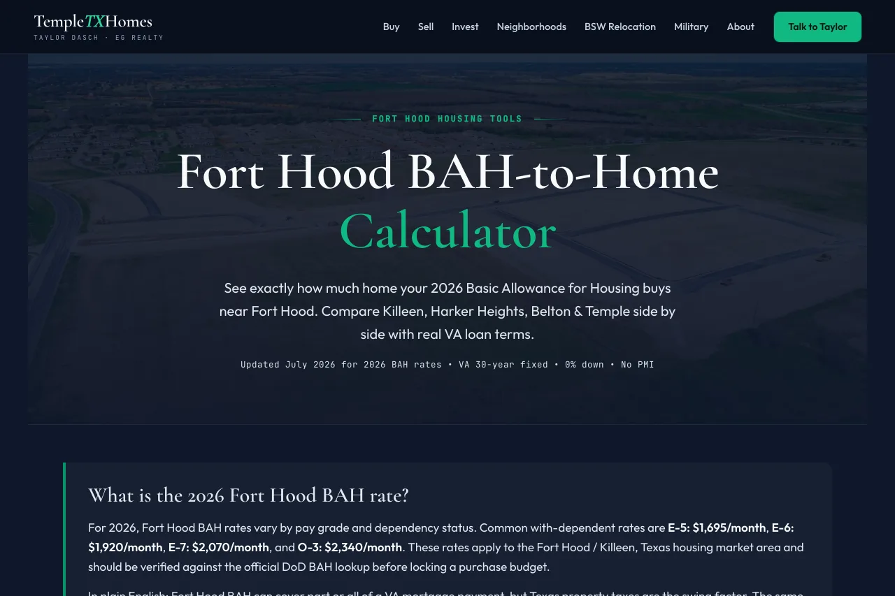 A housing-allowance calculator page on templetxhomes.net comparing what military BAH buys across four towns